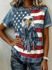 EMERY ROSE Summer Casual Eagle And American Flag Print Round Neck Short Sleeve T-Shirt - Multicolor - View 3