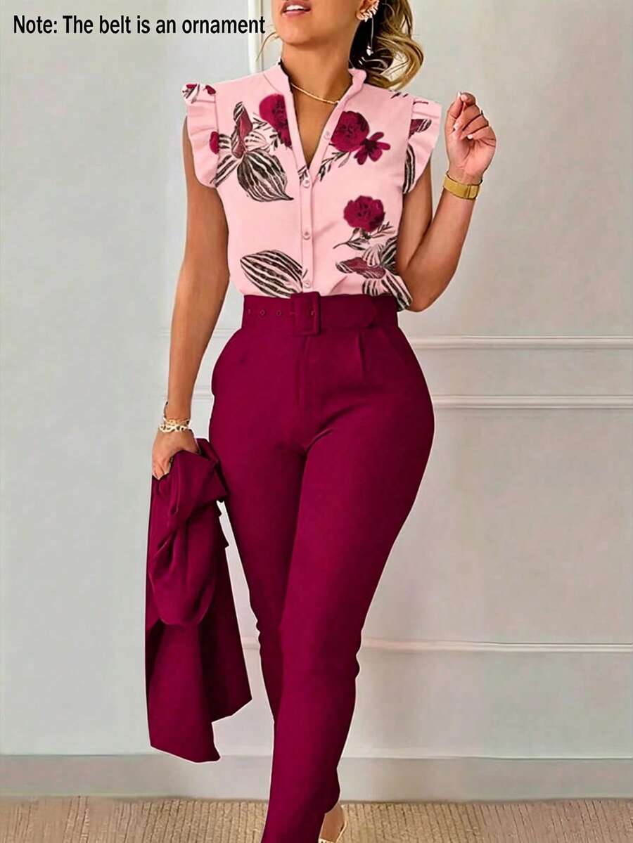 EMERY ROSE Women Floral Print Top And Solid Color Pants 2 Pieces Set (Belt Is Decorative) - Multicolor - View 1