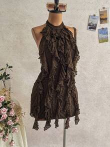 Soleia Vestido de mujer con cuello de lazo y volantes, versátil para vacaciones - Marrón - Ver 3