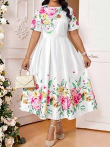 Fleurora Đầm ngắn tay cổ tròn in hoa thanh lịch dành cho nữ cỡ lớn - Nhiều màu - Xem 1