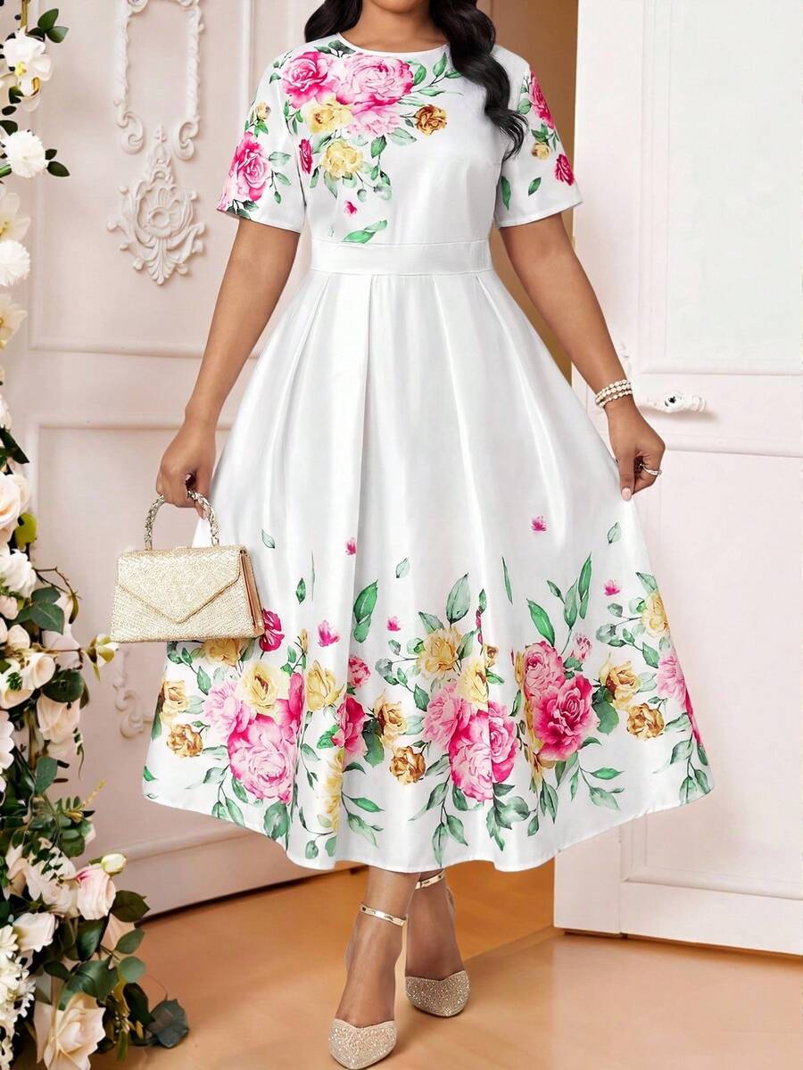 Fleurora Đầm ngắn tay cổ tròn in hoa thanh lịch dành cho nữ cỡ lớn - Nhiều màu - Xem 1