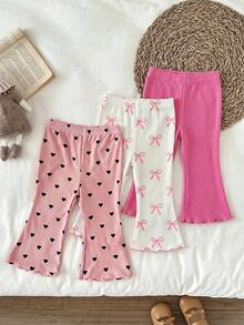 LMoss Kids 3pcs Baby Girl Knitted Solid Color Heart Pattern Integrated Flare Pants Set - Multicolor - View 8