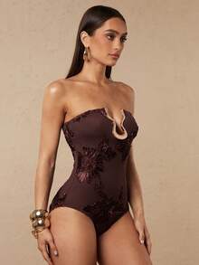 Silquee Women's Stylish And Sexy Brown Embroidered Floral Strapless Bodysuit With Metal Decorative Buckles, Suitable For Work, Everyday Wear, Parties, And Dat - Brown - View 5