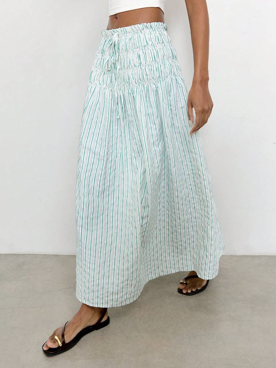 SHEIN Maija Women's Waist Tie Ruched Striped Casual Skirt,Going Out Outfits ,Summer Holiday Outfits