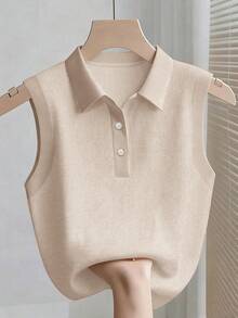 SHEIN 少女杏色罗纹针织 Polo 领无袖休闲优雅修身背心 - 杏色 - 查看 6