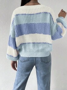 SHEIN Colorblock Rib-Knit Drop Shoulder Sweater,Long Sleeve Tops Knit Pullover Fall Winter Sweater - Baby Blue - View 2