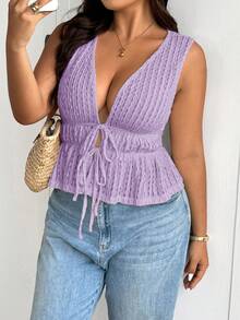 Lounesse Plus Size Solid Color V-Neck Tie Strap Ruffle Hem Summer Tank Top - Purple - View 6