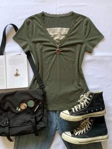 Attitoon Casual Minimalist Versatile Lace Trim Olive Green T-Shirt For Women, Suitable For Spring/Summer - Dark Green - View 7