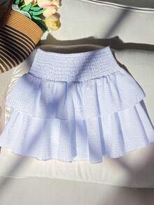 SHEIN Chân váy kẻ sọc xanh eo nhún cho bé gái tuổi teen - Màu xanh lam - Xem 2