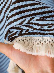 Franclia Plus Size Women Striped Front Button Fringe Hem Top Fall - Blue - View 5