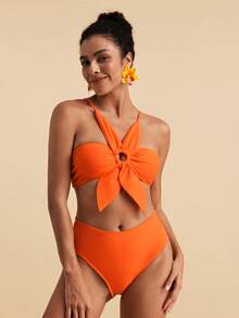 Travachic Women's Summer Vacation Beach Ruched Spaghetti Strap Bikini Set - Orange - View 4