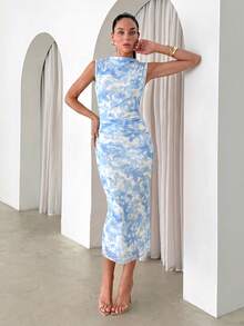 Lavishia Tropical Print Sleeveless Pleated Romantic Elegant Fitted Dress - Baby Blue - View 4