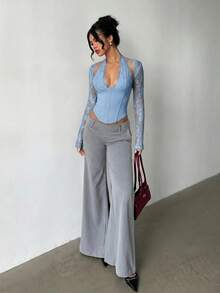 Aloruh 女款新款浪漫優雅迷人性感撩人蕾絲拼接修身鏤空束腰長袖上衣，適合約會、派對與街頭穿搭 - 淺藍色 - 查看 7