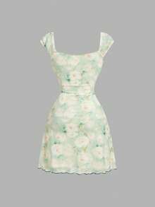 Floral Print Mesh Pleat Dress With Bow - Green - View 4