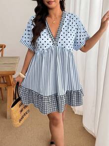 Enliva Damen-Freizeitkleid in großen Größen mit V-Ausschnitt, Polka-Dot- und Streifenmuster, Polka-Dot-Kleid, Boho-Sommerkleid, Damen-Sommerbekleidung, geeignet für Strand, Picknick und andere Anlässe, Polka-Dot-Kleid, für Apfel- und rundliche Körperformen - Verschiedenfarbig - Übersicht 7