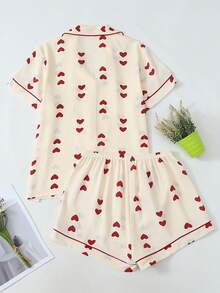 Zazumi Women's Heart Print Pajama Set - Cream Short Sleeve Button Down Nightwear Cute Summer Pj Set With Shorts - Red - View 5