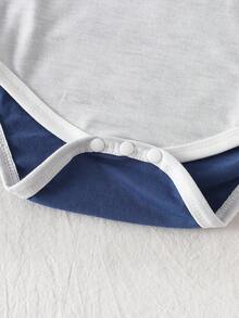 SHEIN Baby Contrast Color Patchwork Polo Collar Short Sleeve Outfit - Navy Blue - View 8