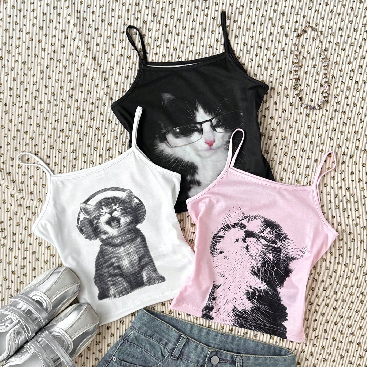Top de tirantes con estampado de gato para niñas preadolescentes