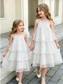 SHEIN Vintaside Kids 少女珍珠雪紡白色與黑色波點層次蛋糕迷你洋裝 夏季婚禮花童畢業禮服 可愛優雅 - 白色 - 查看 4