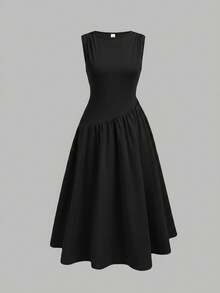 SHEIN Tween Girls' Casual Black Knit Round Neck Dress - Black - View 6