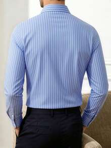 Core Aspect Men's Business Casual Blue Long Sleeve Striped Shirt, Nice Shirts For Men, For Fall - Baby Blue - View 4