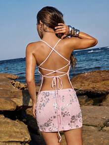 Opulessa Women's Fashionable Sexy Sequin Backless Camisole Top For Vacation - Baby Pink - View 2