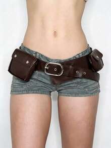 ROMWE Grunge Punk Tas Pinggang Wanita Gaya Punk Y2K dengan Lubang Rivet Logam Hitam, Banyak Kantong, dan Gesper Logam yang Dapat Diatur - Coklat - Lembut - View 2