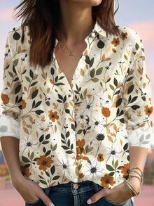 EMERY ROSE 女士优雅叶子长袖翻领休闲衬衫，春夏 - 彩色 - 查看 1