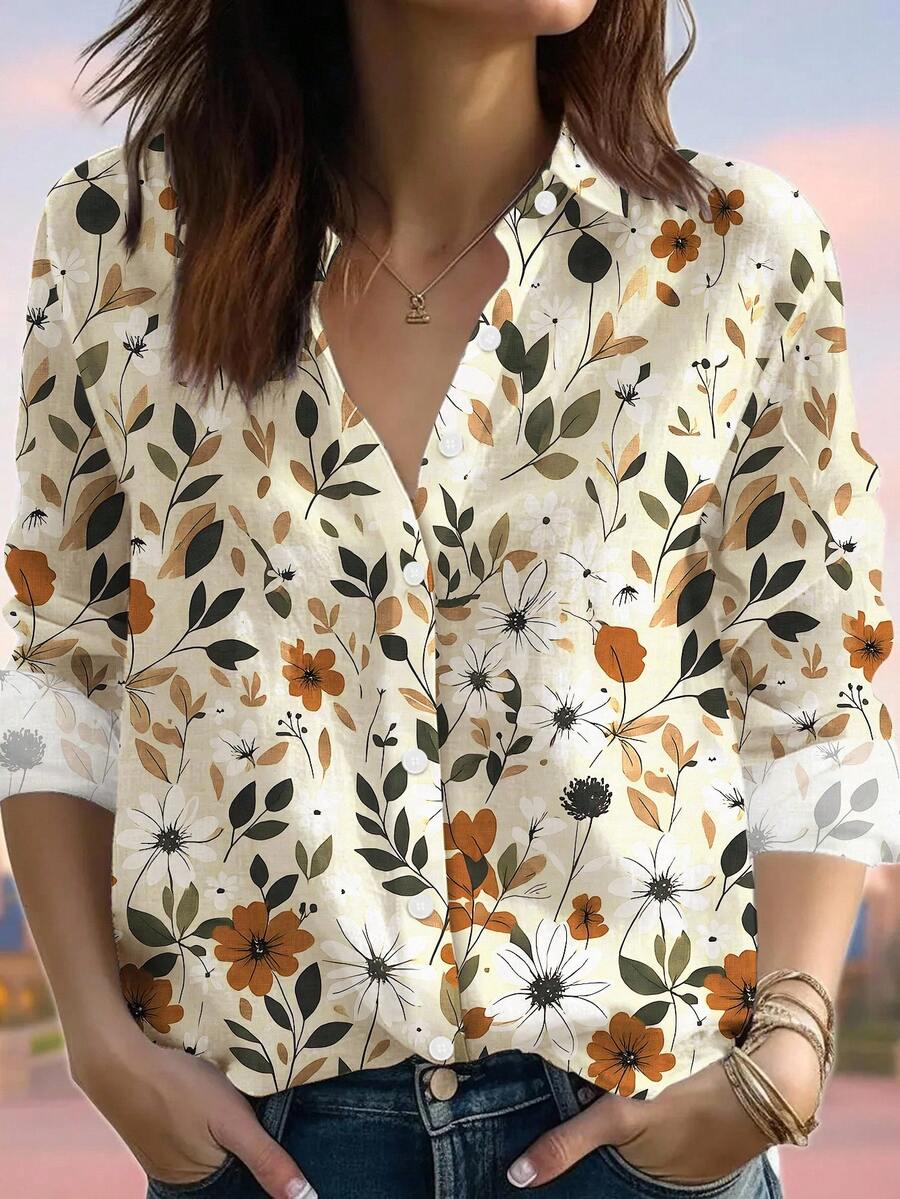 EMERY ROSE 女士优雅叶子长袖翻领休闲衬衫,春夏 - 彩色 - 查看 1