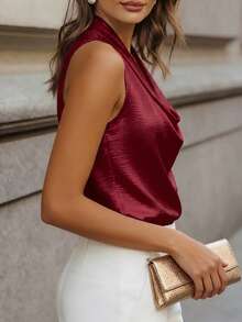 SHEIN 女款優雅緞面背心酒紅色夏季辦公室夜生活外出穿搭垂領修身顯瘦純色無袖上衣，適合日常出遊 - 酒紅色 - 查看 4