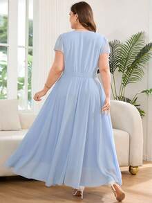 Reflora 大码女士优雅印花连衣裙，夏季婚礼宾客礼服 - 藍色 - 查看 3
