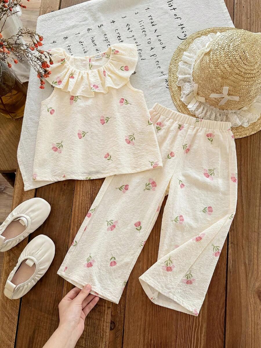 SHEIN 少女 2件/套 碎花荷葉邊上衣與寬鬆版型長褲套裝，夏季家庭度假少女多色兩件套