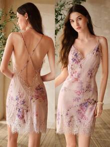 MOTF PREMIUM FLORAL PRINT LACE PATCHWORK CAMISOLE SHORT SLEEP DRESS, SPRING/SUMMER - Mauve Purple - View 8