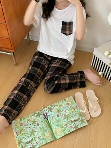 2pcs/Set Teen GirlCasual Loose Fit Drop Shoulder Top And Retro Plaid Pants Loungewear Set - White - View 4