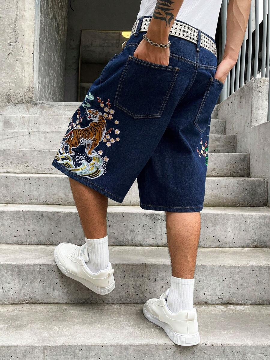 GALLERY FADE Celana Pendek Denim Biru Bordir Longgar Kasual Pria, untuk Liburan - Dark Wash - View 1