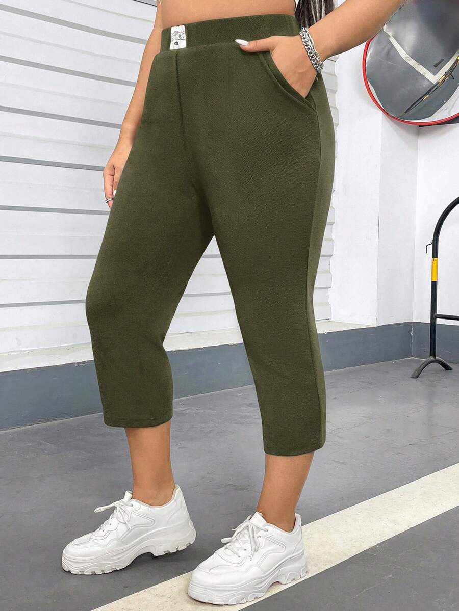 SHEIN Essnce Plus Size Women High Waist Casual 3/4 Length Pants, Suitable For Daily Wear And Vacation - Army Green - View 1