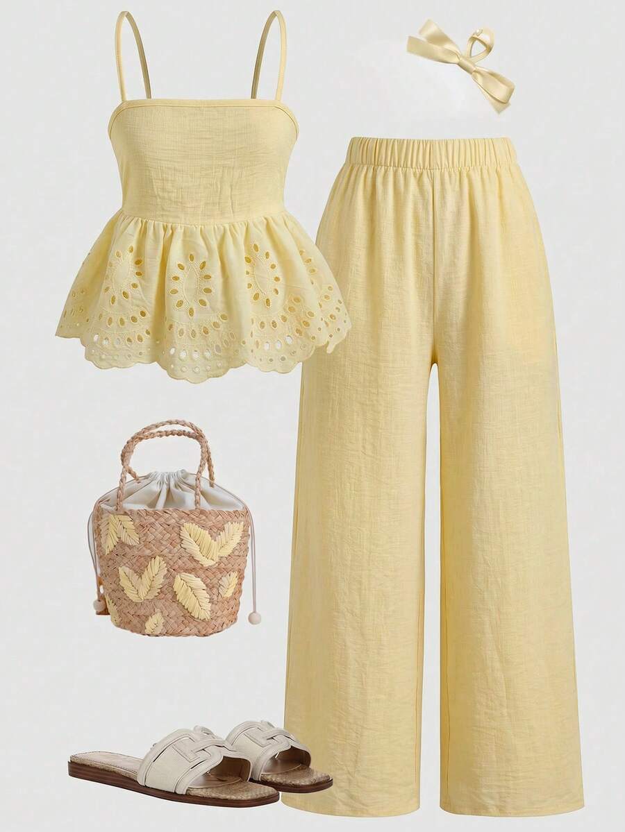 Firerie Kids Firerie Kids Tween Girl Hollow Embroidery Ruffle Hem Camisole And Pants Casual Outfit - Yellow - View 1