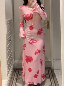 DAZY Vestido con cintura ceñida y estampado floral, ropa de dormir para mujer, verano - Rosa - Ver 3