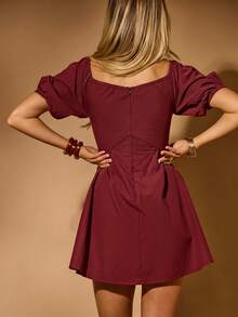 Aralina Women's Solid Color V-Neck Short Petal Sleeve Mini Dress - Burgundy - View 7
