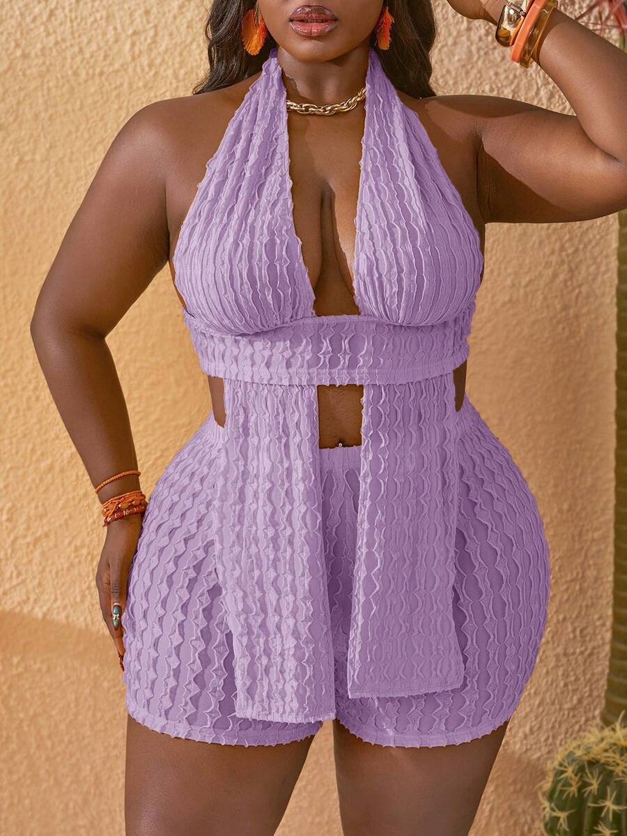 Slaydiva Plus Size Women's Halter Neck Sexy Camisole And Tight Shorts 2-Piece Set Suitable For Vacation Beach Light Purple Summer - Purple - View 1