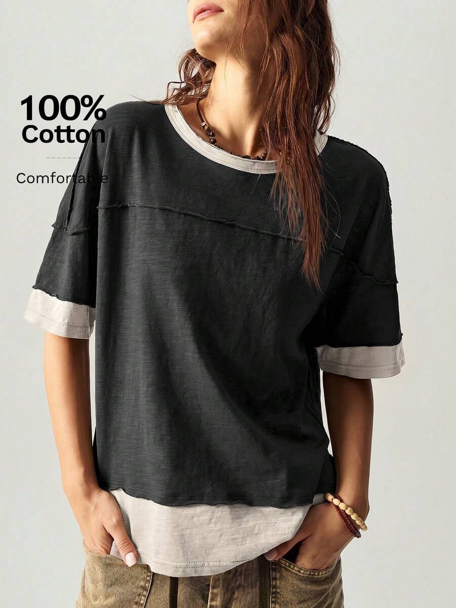 Bohemela Casual Knit Color Block Round Neck Loose Fit Short Sleeve T-Shirt For Women - Black - View 1