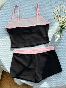 Tween Girl Bow Embroidery Patchwork Camisole Top And Shorts Casual Daily Outfit - Multicolor - View 2
