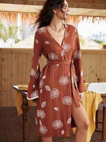 Lullawish Áo choàng nữ in hoa phong cách Bohemian, trang phục mặc nhà thoải mái. - màu nâu - Xem 3