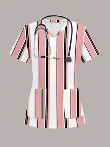 PopScrub 女士可爱条纹英文字母印花工作服上衣 - 彩色 - 查看 6