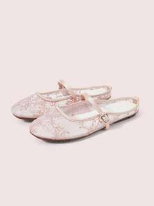 CUCCOO DOLLMOD Women's Shoes, Light Pink, Round Toe Dew Heel Closed Toe Sandals, Flower Embroidered Mesh Yarn, Sweet And Cute, Comfortable, Soft And Breathable - Branches - Powder - View 2