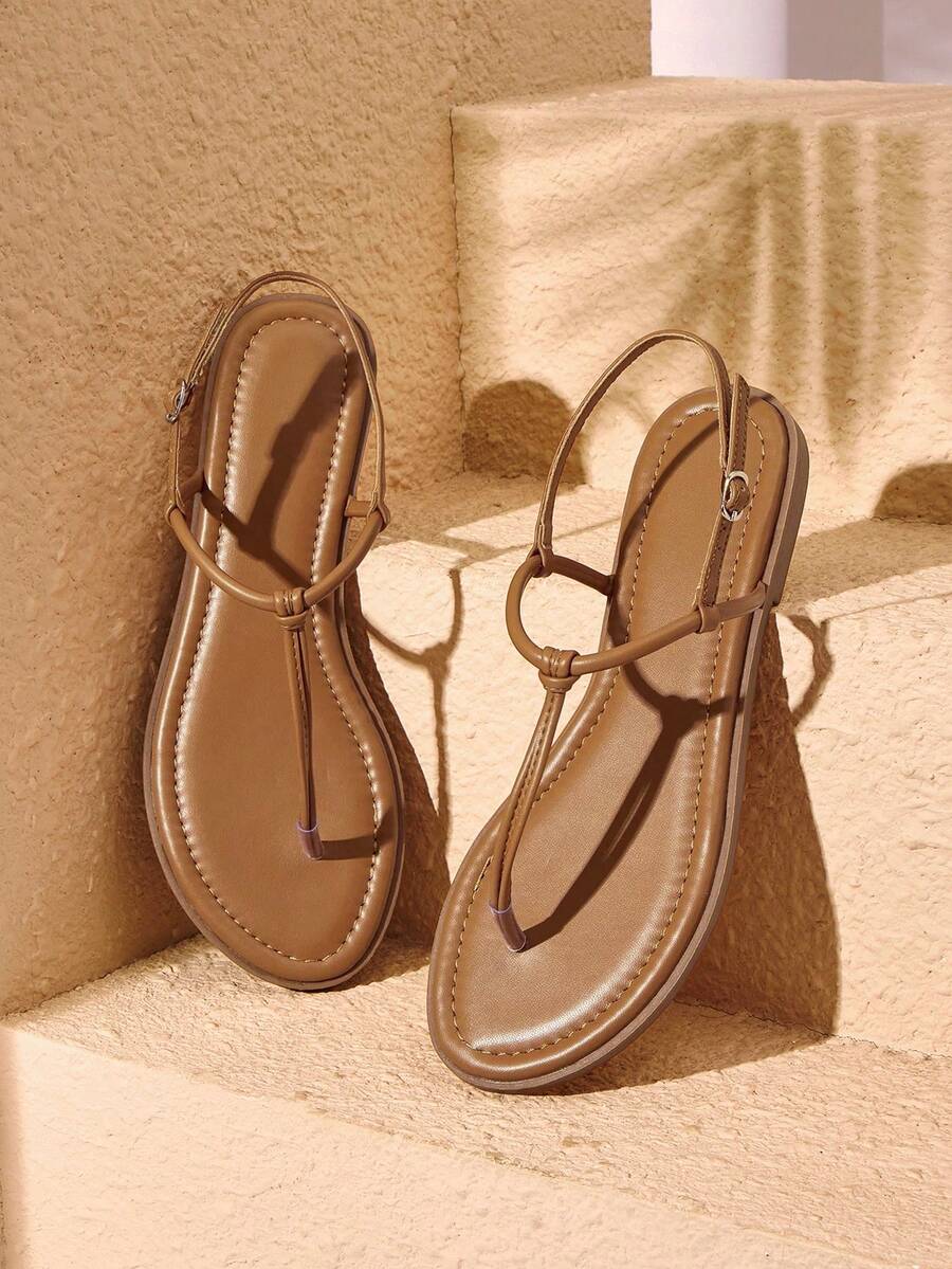 HighSole Women's Flat Sandals With Toe Strap, Comfortable Spring/Summer Outdoor/Indoor Fashion, Minimalist, Suitable For Holidays, Daily Commute, Elegant Retro Style - Brown - View 1