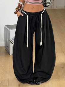 Coolane Women's Summer Streetwear Back To School Preppy Vintage Chic Business Casual Office Wear Comfortable Black Baggy Wide Leg Curved Hem Pants - Black - View 5