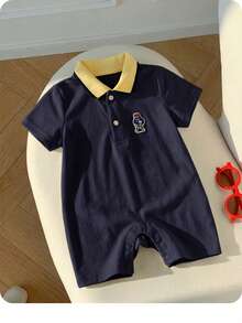 Baby Boy Cute Collegiate Style Knit Yellow Cartoon Pattern Lapel Romper - Multicolor - View 3
