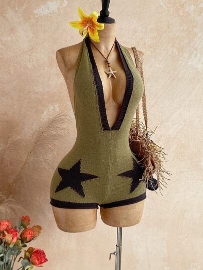 Soleia Women's Vacation Pentagram Pattern Deep V Sexy Halter Knit Romper