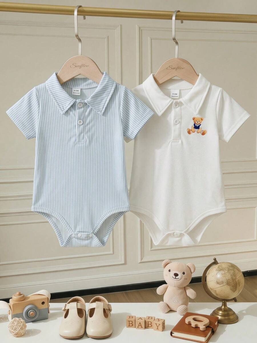 Souflis Souflis Baby Boy Summer Knit Romper, Solid Color Short Sleeve Half-Placket Bodysuit 2-Piece Set, Suitable For Casual Wear At Home Or Outdoor